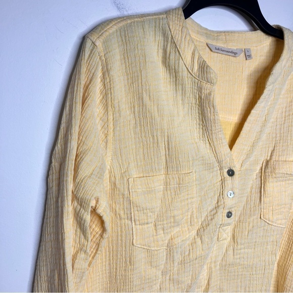 Soft surroundings yellow & white gauze muslin blouse size large - Picture 2 of 7
